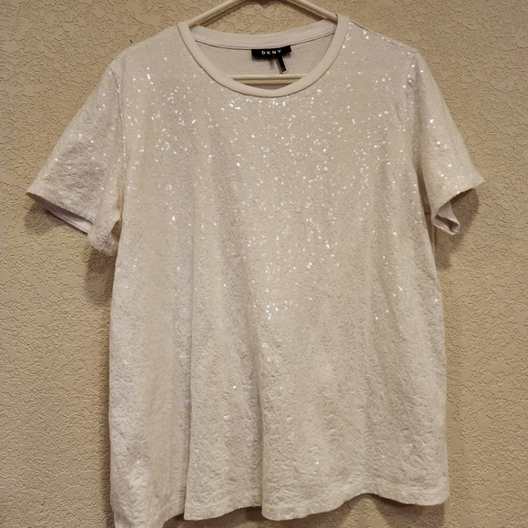 DKNY White Sequin Tee Women's XL